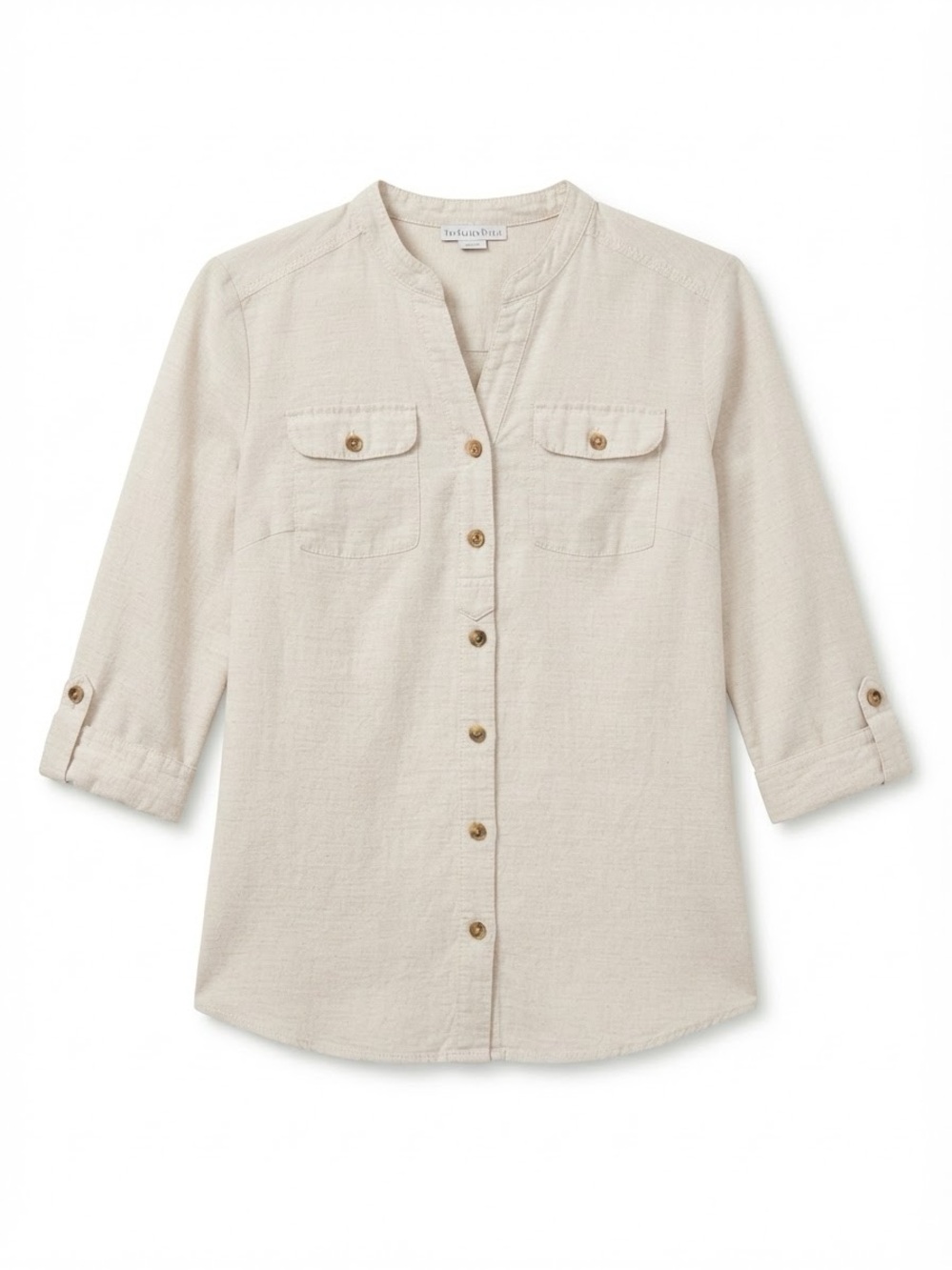 Van Heusen Studio Neutral Beige Linen Blend Button Down Shirt Top (Size X Small)